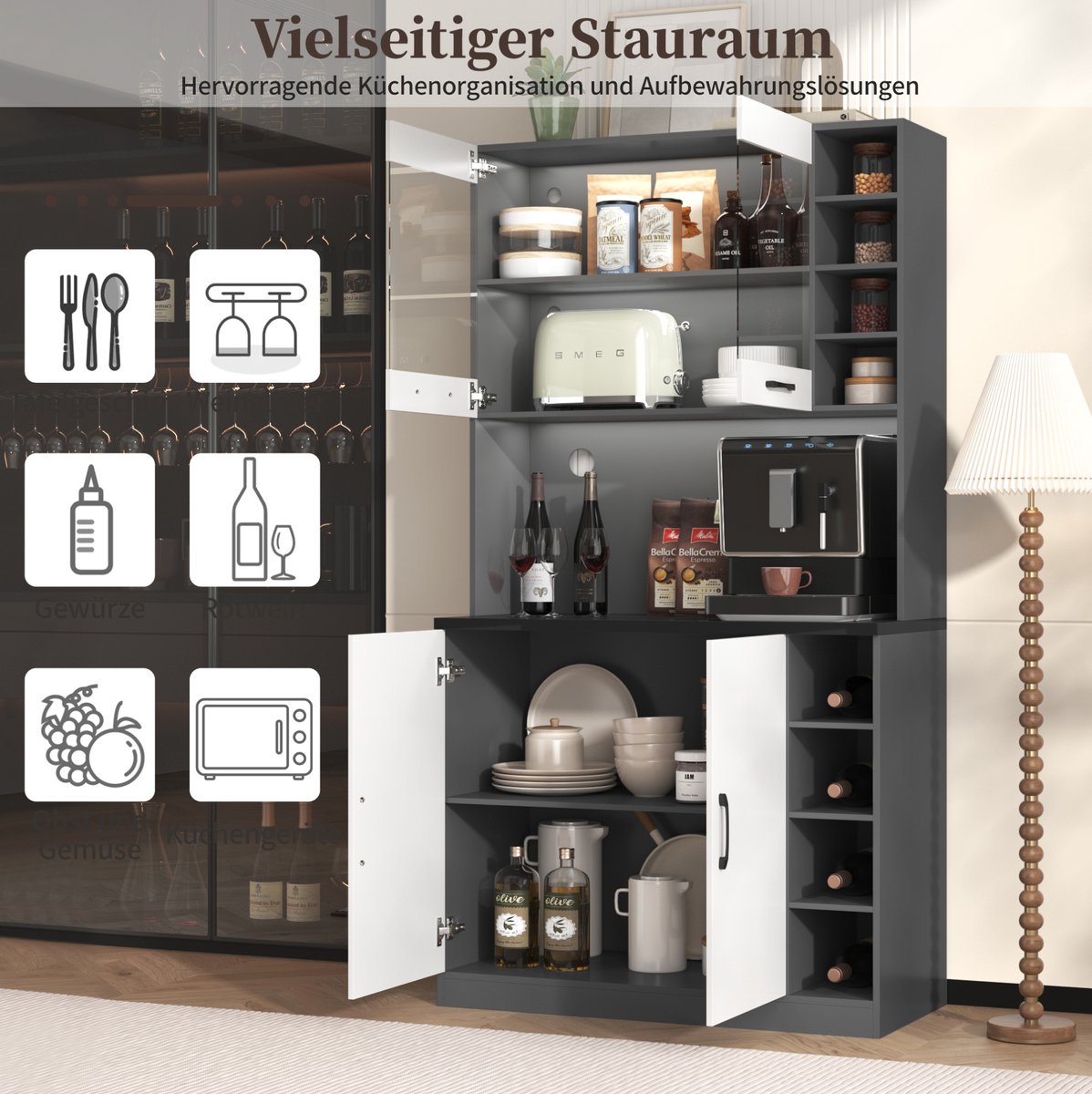 HAUSS SPOLE Keukenkast - Met Ledverlichting En Kabeldoorvoer - Vrijstaand Met Magnetronruimte En Verstelbare Vakken - MDF - 100x47x187 Cm - Wit Grijs