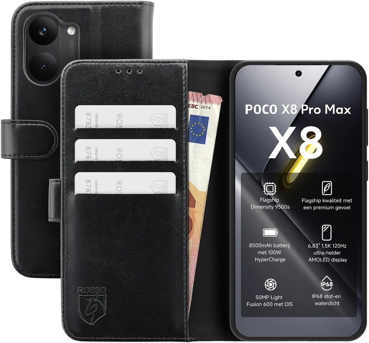 Rosso Element Geschikt voor Xiaomi Poco X8 Pro Max | Wallet Book Case | Portemonnee Hoesje | 3 Pasjes | Magneetsluiting | Stand Functie | Zwart