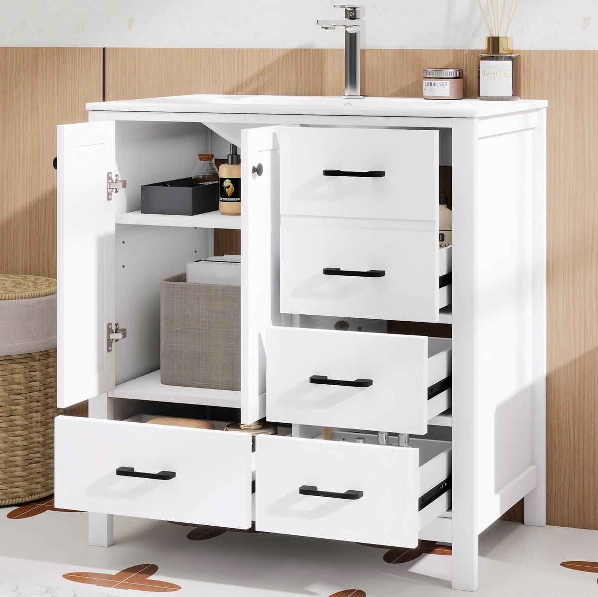STILVORA Badkamermeubel - Staande Wastafelkast Met Keramische Wastafel En 4 Lades - Voor Badkamer - MDF En Keramiek - 76x46x82 Cm - Wit