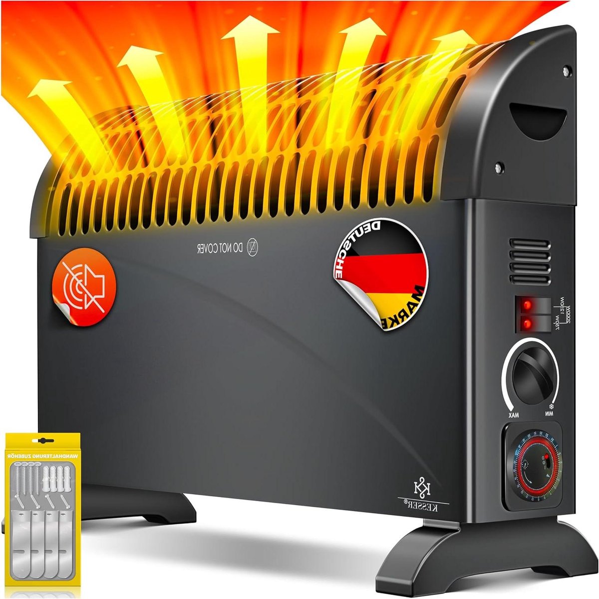 Convector Verwarming - Elektrische Kachel - Snelle Ruimte Verwarming - 24 Uurs Timer - 2000 Watt - Zwart