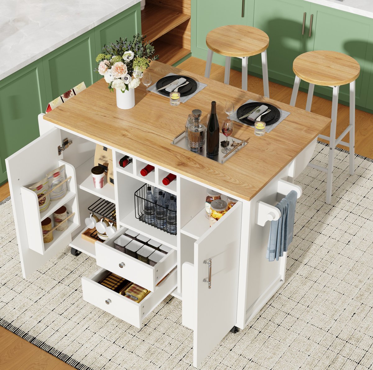MIVRAY Barkrukset Met Keukeneiland - Inklapbaar Werkblad En Opbergruimte - Voor Keuken En Eethoek - MDF En Metaal - Wit - 63 Cm