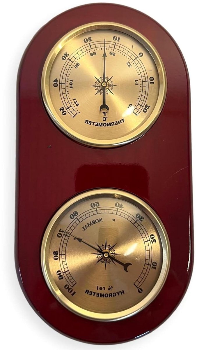Houten weerstation - Barometer thermometer - Weersvoorspelling binnen - Twee wijzerplaten - 19 x 10 cm - Bruin