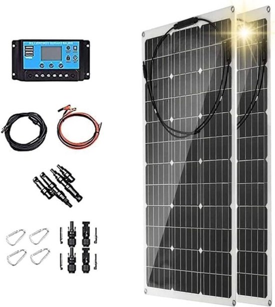 Set van twee flexibele zonnepanelen met laadregelaar, kabels en connectoren.