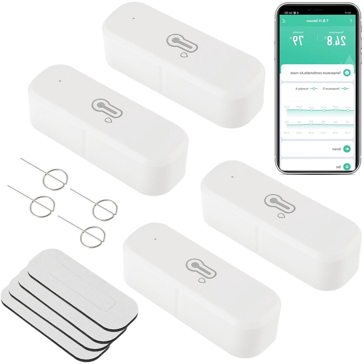 Slimme Temperatuursensor - Vochtigheidssensor - Binnen Milieu - App Afstandsbediening - 4 Stuks - Wit
