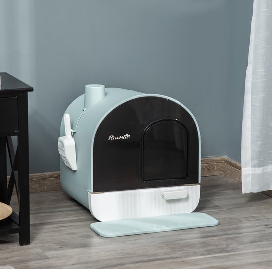MEUNIQ gesloten kattenbak met kap 43 x 44 x 47 cm, kattenbak met filter, uitneembare kattenbakmat en schep, plastic, voor katten tot 5 kg, groen