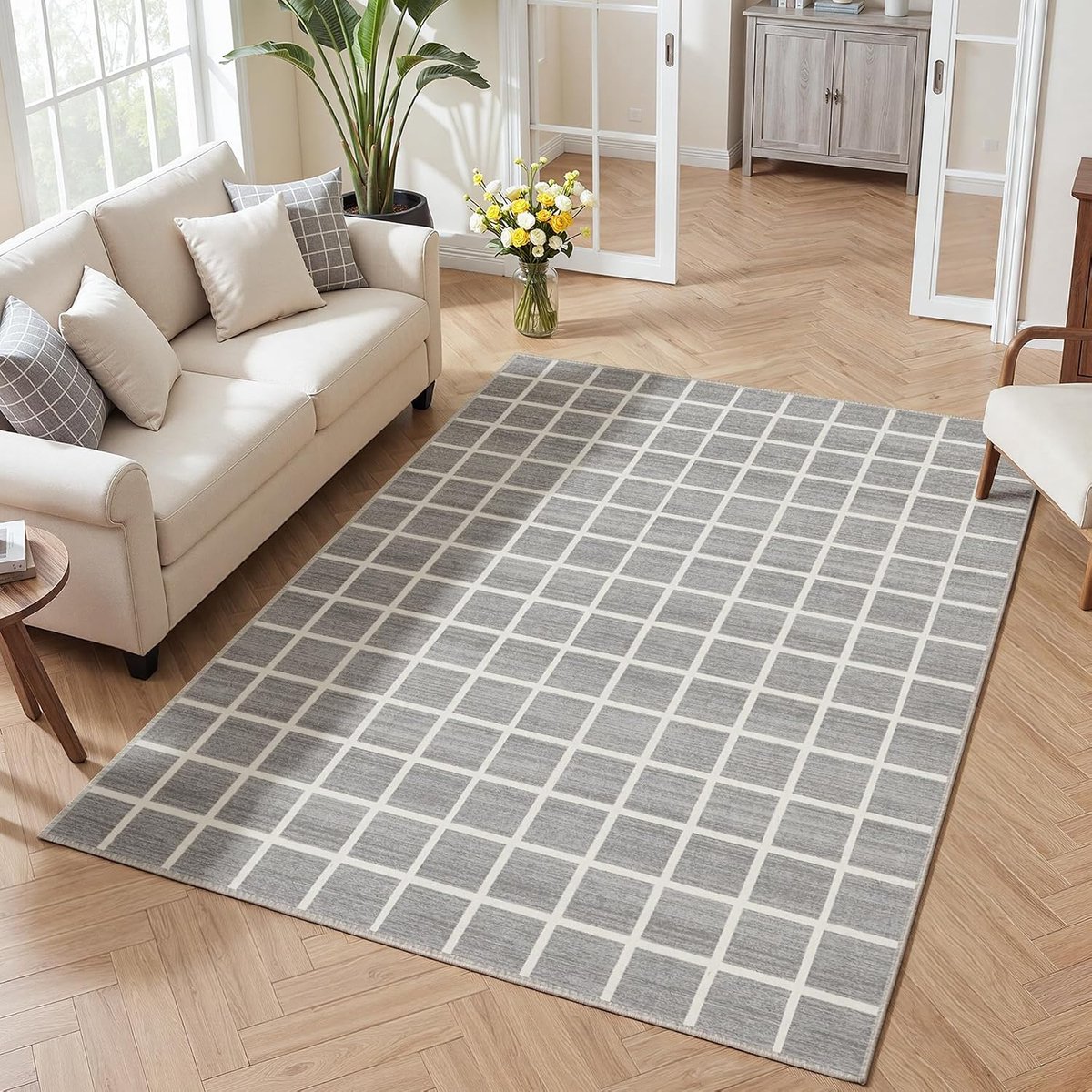 Tribesigns Vloerkleed – Zacht & Wasbaar Vloerkleed – rasterpatroon – Modern geruit kortpolig vloerkleed– Voor Slaapkamer of Woonkamer – grijs, 160 x 230 cm