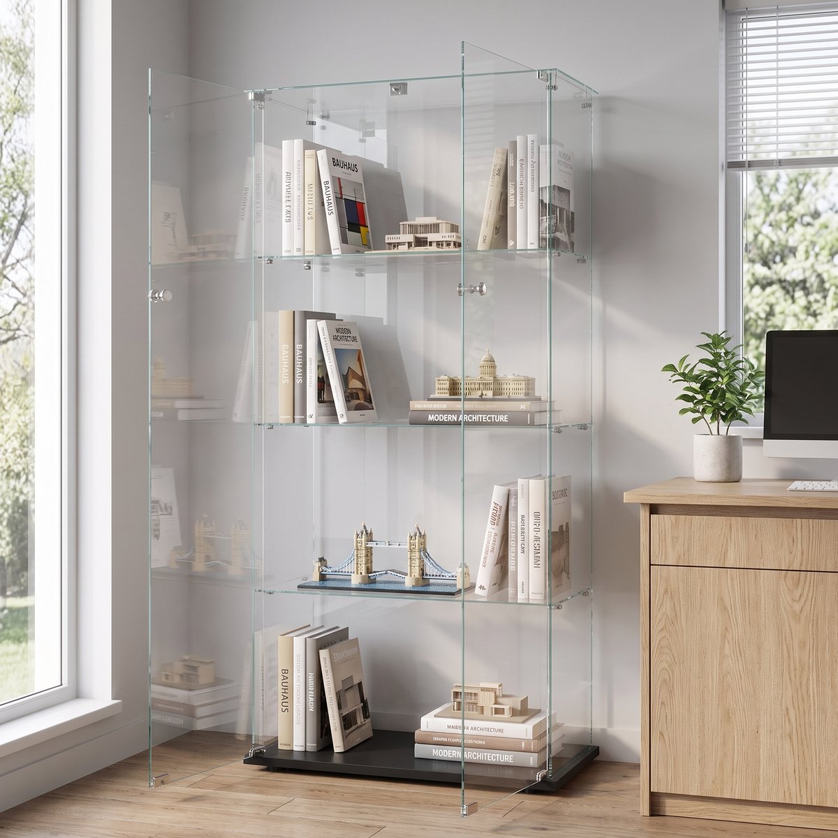 Glazen Vitrinekast, Verticale Collectiekast met LED-Verlichting, met 2 Deuren en Veiligheidsslot, 4 Lagen, Stofbestendig en Gemakkelijk Schoon te Maken, 163x78,5x35cm (Zwart)