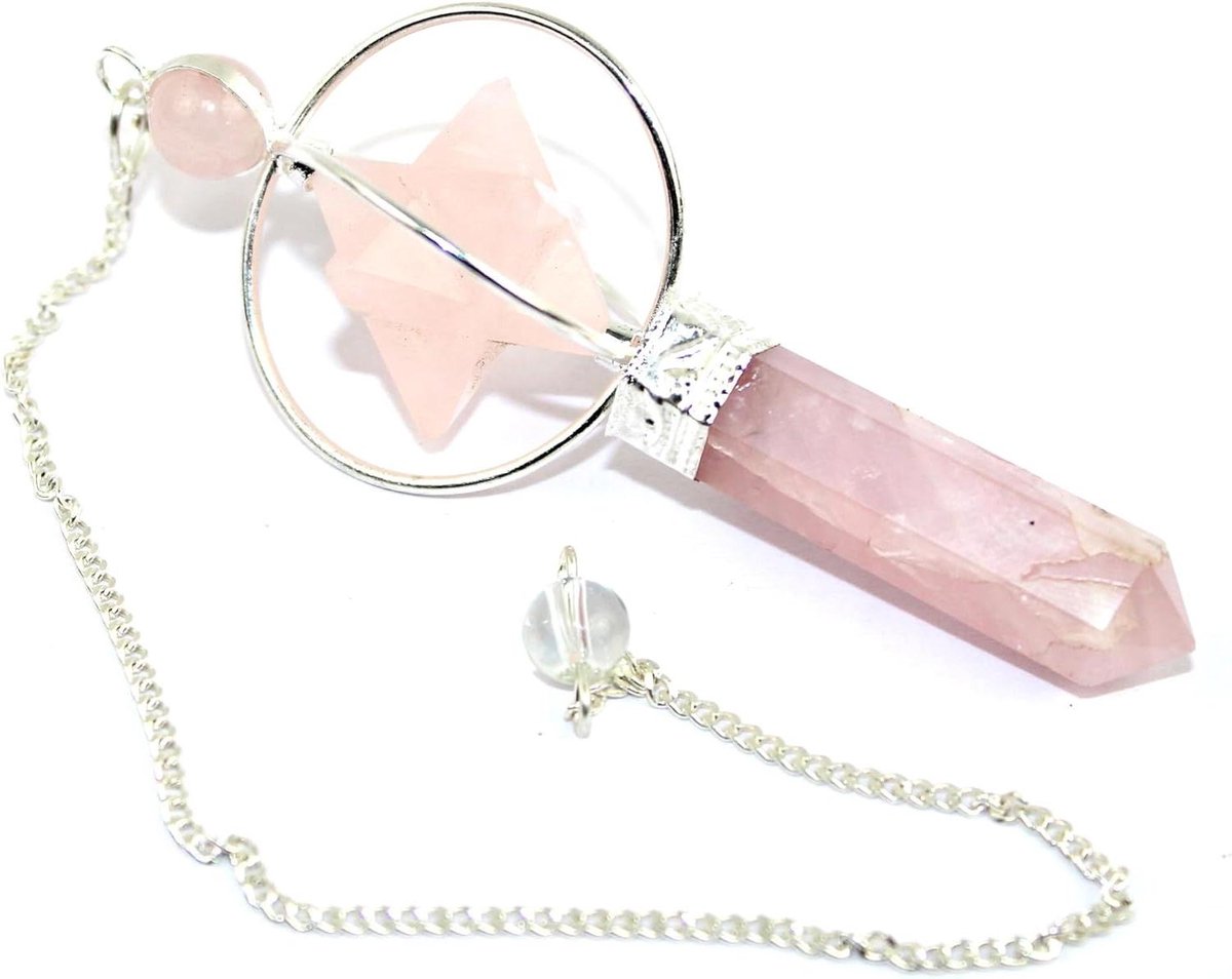 Rozenkwarts Pendel - Merkaba Slinger - Spirituele Antwoorden - Met Boekje - 2.5 inch - Roze