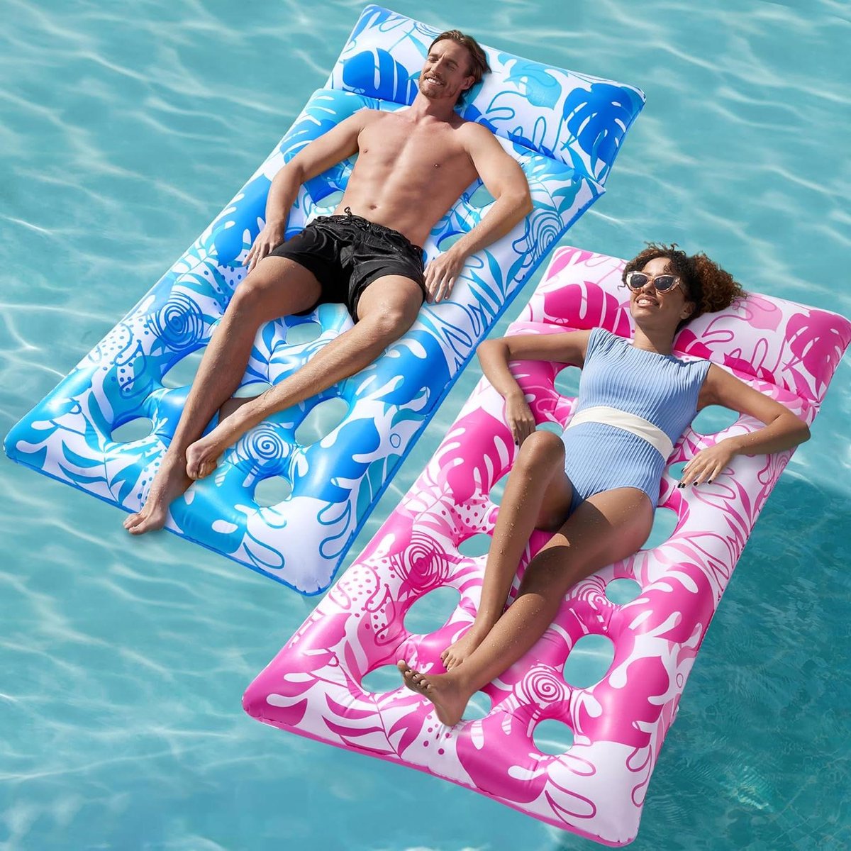 Opblaasbare Zwembadligbedden - Luchtbedden Zwembad - Ontspannen in Water - Met Hoofdsteun - 173 x 84 cm - Blauw en Roze