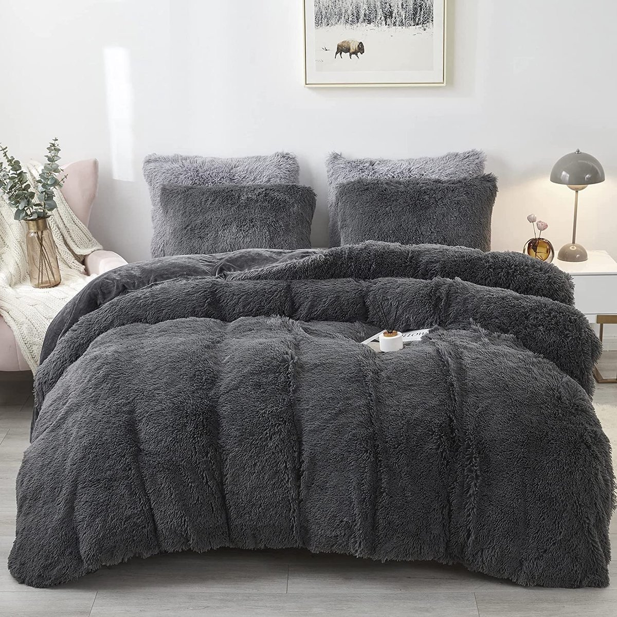Pluche Beddengoedset 200 x 200 cm Donkergrijs Warm Winter Flanellen Dekbedovertrek met Rits en 2 Kussenslopen 80 x 80 cm voor Tweepersoonsbed