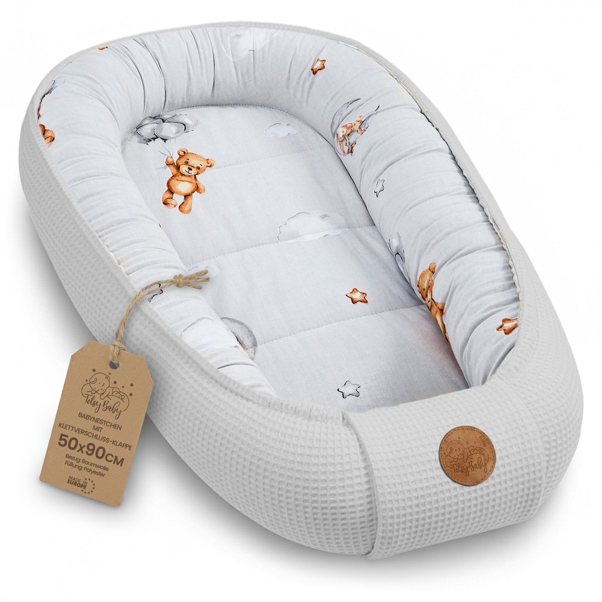 Babynestje Pasgeborene 50x90cm – Babynest behaaglijk Katoen & Wafel – zacht ademend en knus Nestje comfortabel voor Ledikant Wieg Kinderwagen Babykamer en Onderweg Slaapteddyberen