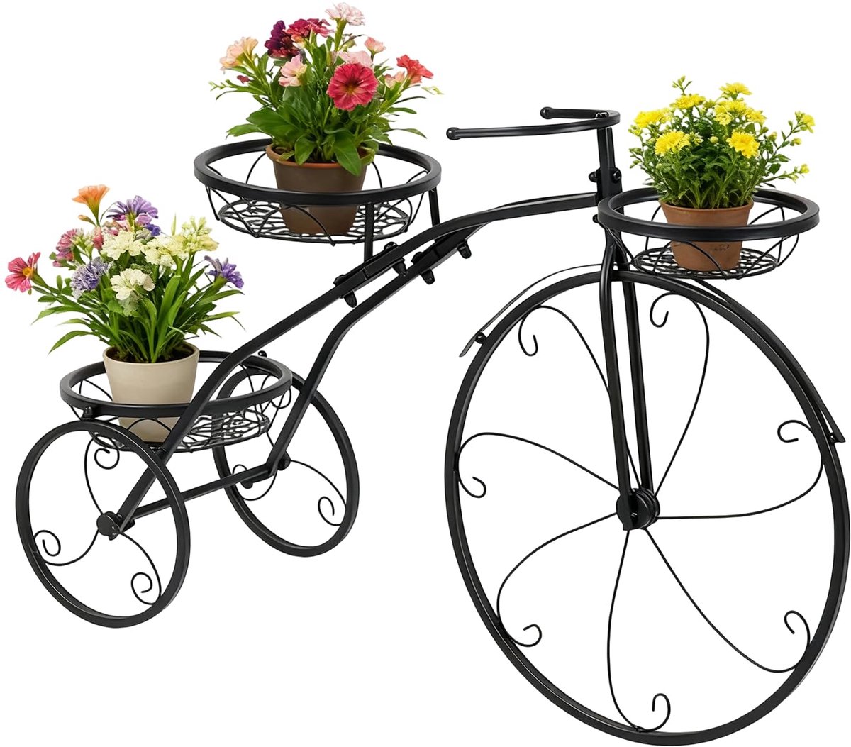 3 Tier Plantenstandaard Metalen Fiets Driewieler Planter, Plantenplank voor Binnen en Buiten Bloemen Bloem Plant Stand Houder Handgeschilderde Outdoor Tuin Patio Decor