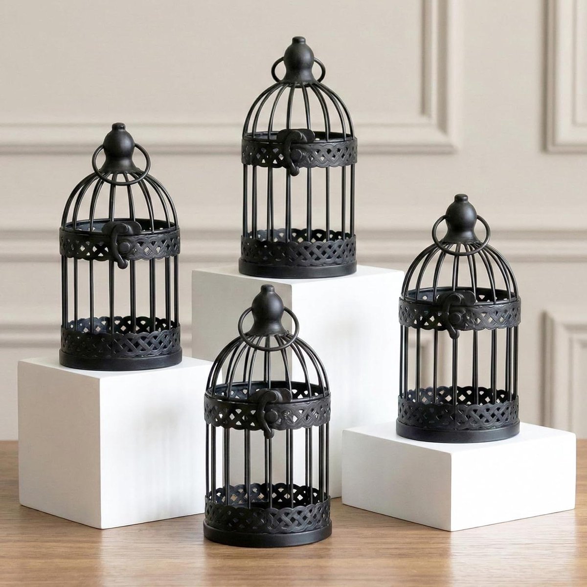 Decoratieve Kaarslantaarns - Vogelkooi Decoratie - Sfeerverlichting - Set van 4 - Kleine Maat - Zwart