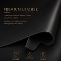 Textuur van zwart, echt leer met de tekst 'PREMIUM LEATHER'.