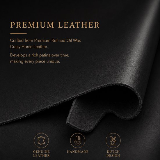 Textuur van zwart, echt leer met de tekst 'PREMIUM LEATHER'.