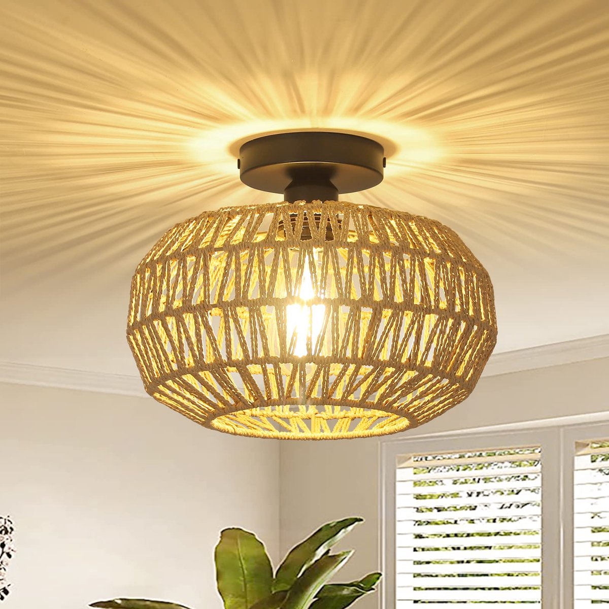 Plafondlamp Woonkamer, Vintage Boho Plafondlamp met Rotan Lampenkap, Semi-inbouw Plafondlamp Bamboe, Rustieke Hanglamp voor Slaapkamer Keuken Hal Eettafel, Zwart
