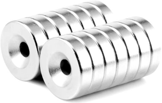 Twee stapels zilveren ringmagneten met schroefgaten.