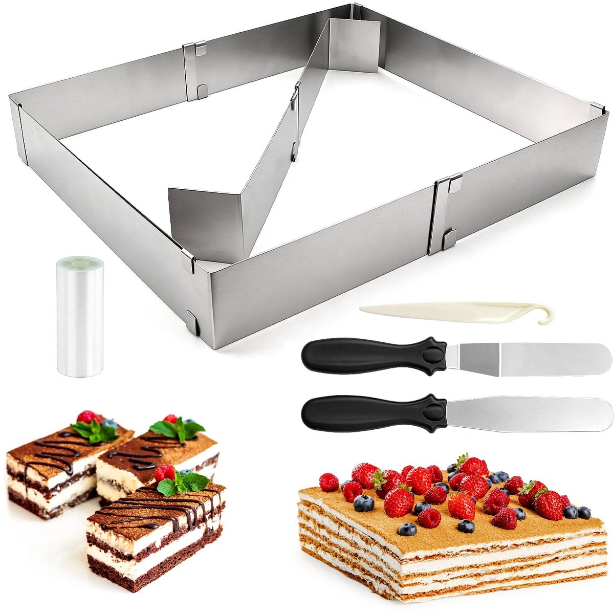 Rechthoekig bakframe, verstelbaar, met verdeler, taartring voor bakplaat, spatel voor cake, taarten, pizza bakken en feestdecoratie