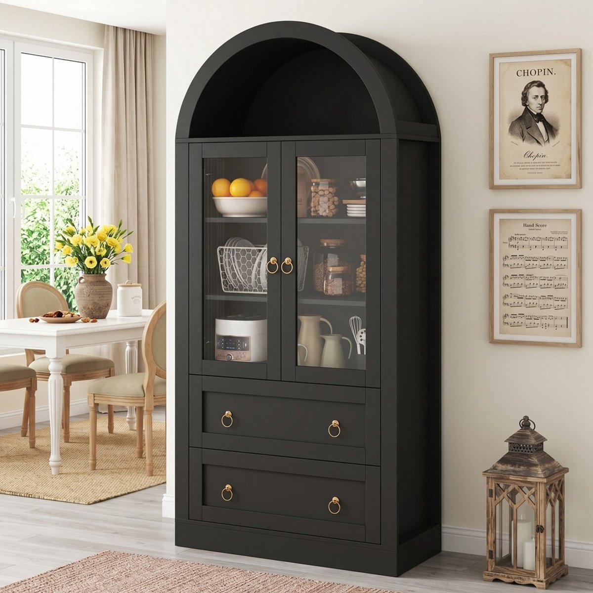 KOMHTOM Opbergkast - Hoge Kast met Lades en Deuren - Glazen Kastdeuren - Zwart - 80x36x170 cm - Keuken en Woonkamer