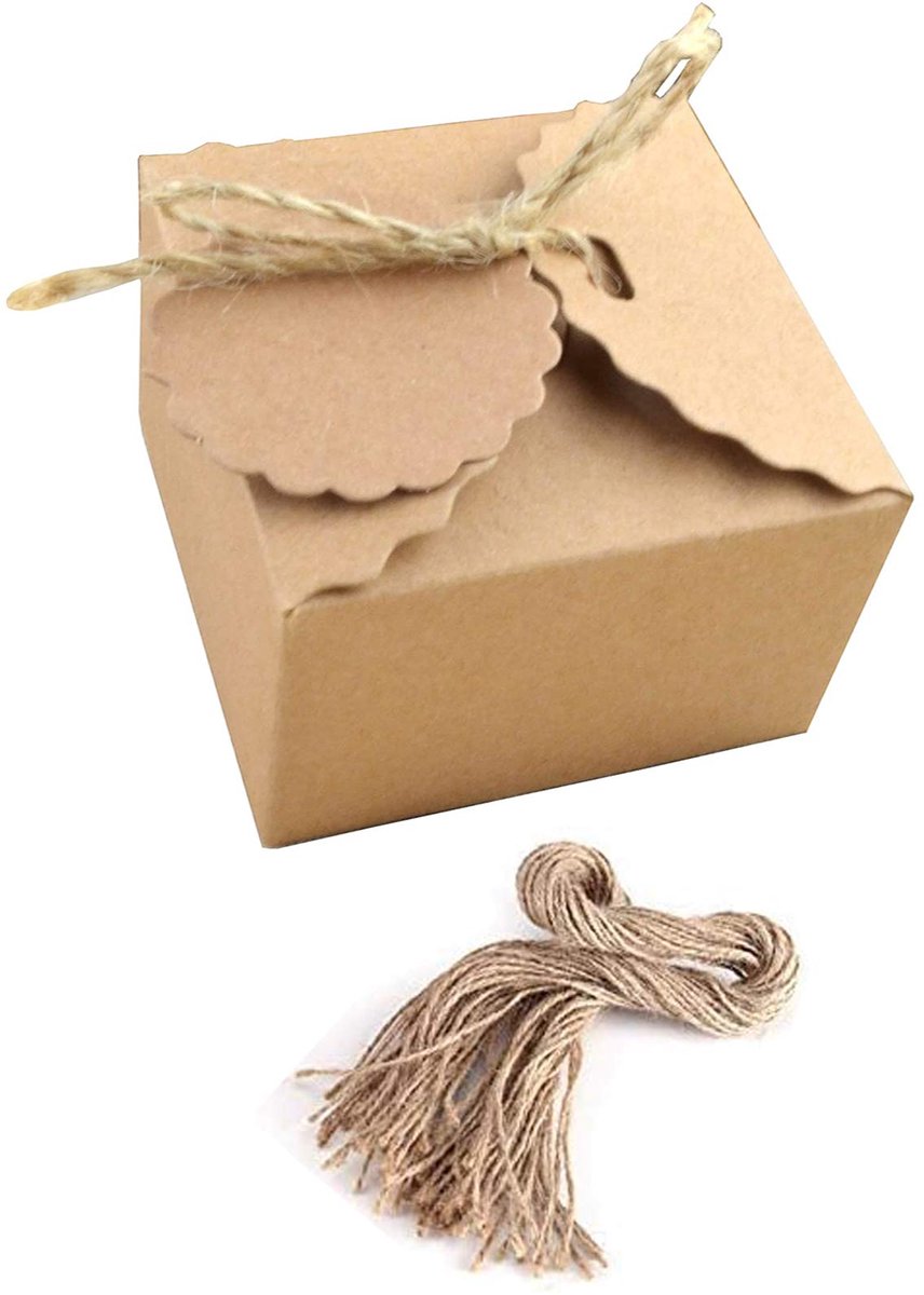 50 stuks geschenkdozen van kraftpapier met bruin henneptouw – voor koekjes, snoep, geschenkverpakking, verjaardagsfeest