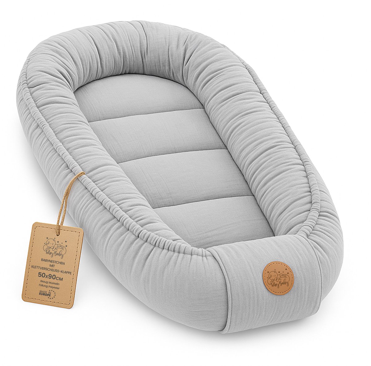 Mousseline Babynestje Bedverkleiner 90x50 cm - Draagbaar Katoen Wieg Pod Co Sleeper Cocoon Ademend Reis Lichtgewicht Moses Uniseks Ideaal voor Jongens Meisjes Grijs