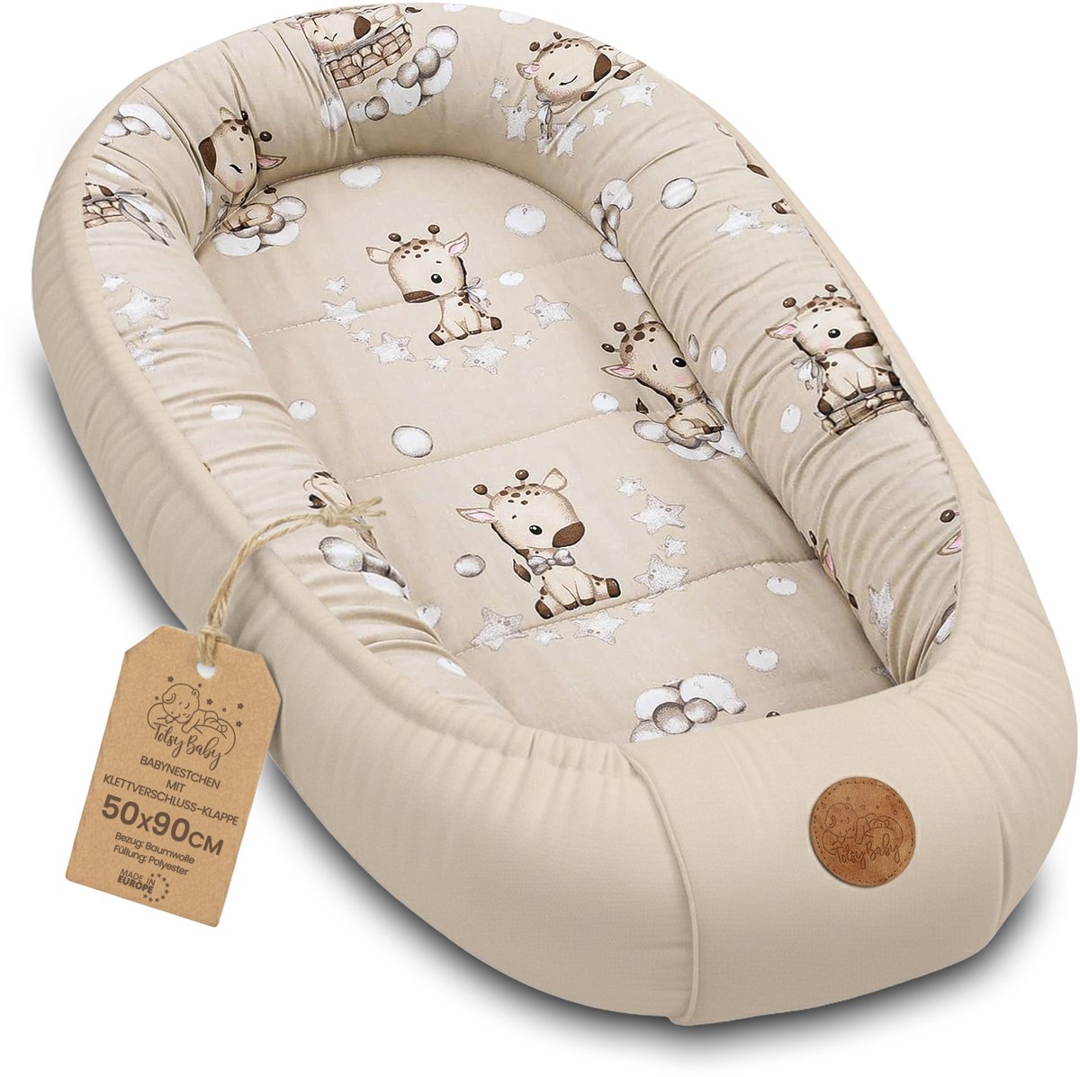 Zacht Nestje Pasgeborene – Knuffelnestje draagbaar comfortabel en behaaglijk voor Ledikant Kinderbed Wieg Babykamer en Onderweg – knus voor Jongen & Meisje 90x50 cm Giraffen