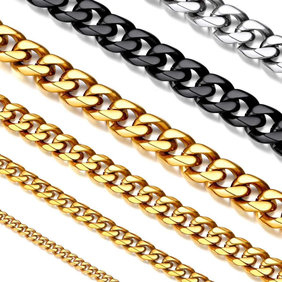 Herenketting 3/6/9 mm breed Cuban Link-ketting, zilver/goud/zwart, 36/46/51/55/61/66/71/76 cm