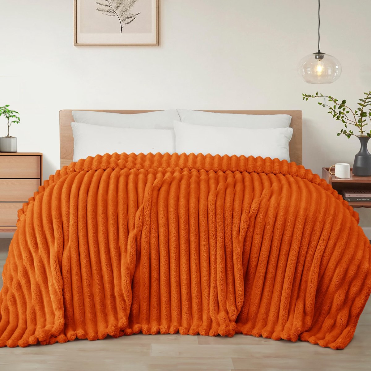 Mezcla Queen Size Flanellen Fleece Deken, Super Zachte Gestreepte Jacquard Bed Deken, Lichtgewicht Fuzzy Cozy voor alle seizoenen, 230x230 cm, Verbrande Oranje Deken