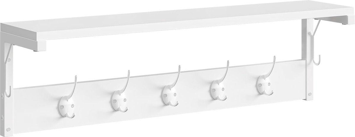 Wandhaak met legplank, Wandrek met 7 haken, Wandgarderobe, voor hal, woonkamer, slaapkamer, industriële stijl, Wit EWT16YM01