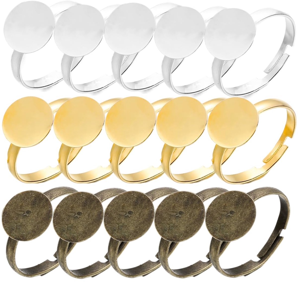 15 stuks verstelbare ringen, ronde montages voor het maken van sieraden, accessoires voor ringen met platte bodem