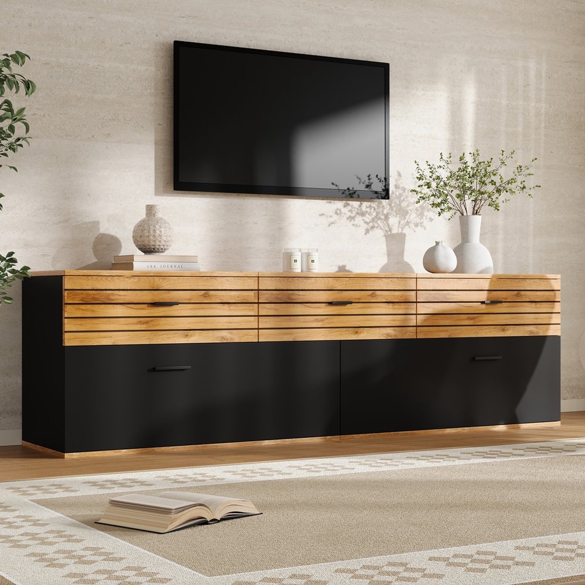 KOMHTOM TV-meubel - 168 cm - 65 inch - 2 deuren - 3 lades - zwart en houtkleur - woonkamer - slaapkamer - eetkamer - modern design - opbergruimte - lowboard