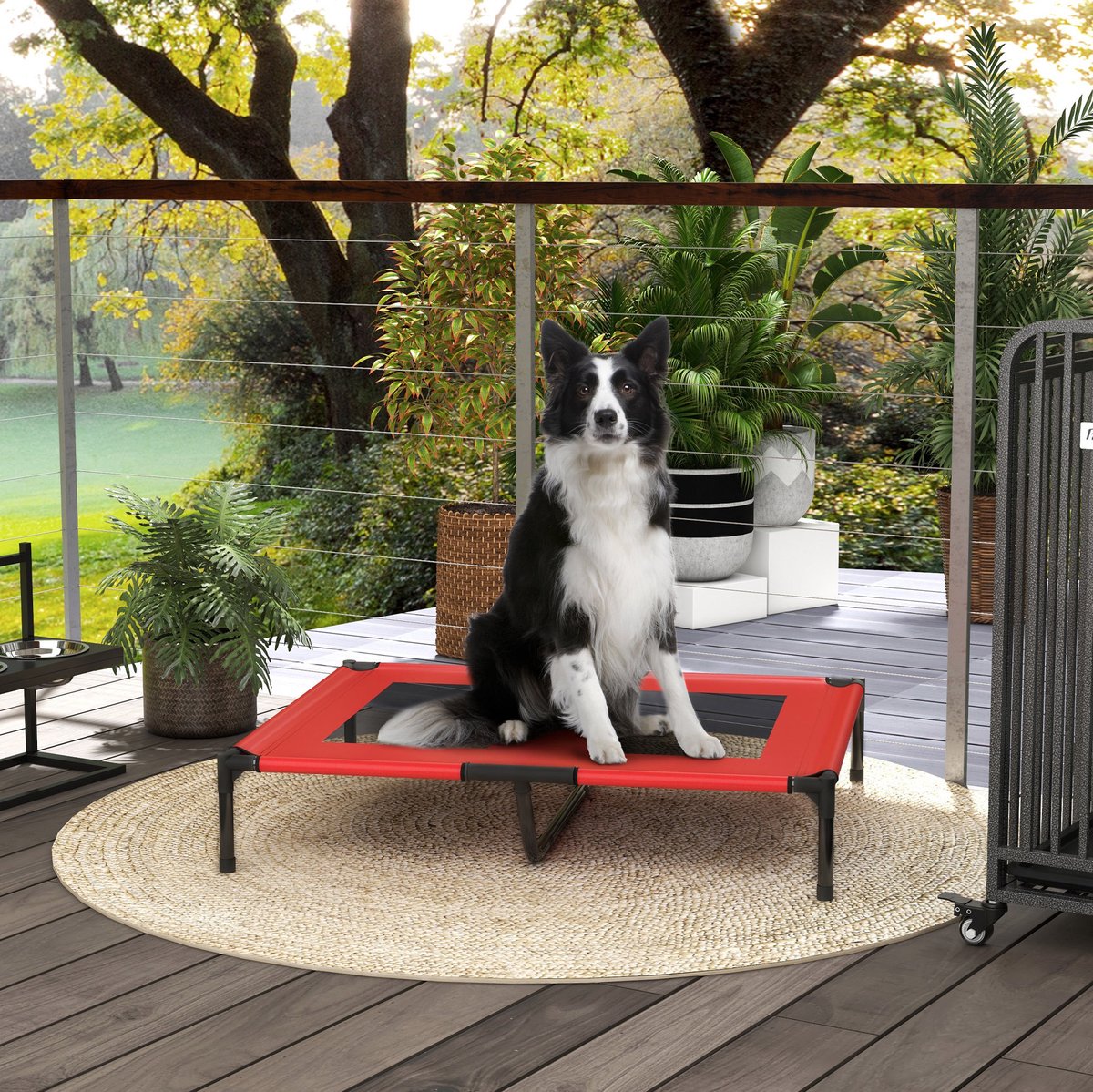 MEUNIQ Verhoogd hondenbed 92 x 76 x 18 cm met ademend ligvlak, metalen frame en vier poten, outdoor hondenligbed voor grote honden tot 30 kg, rood