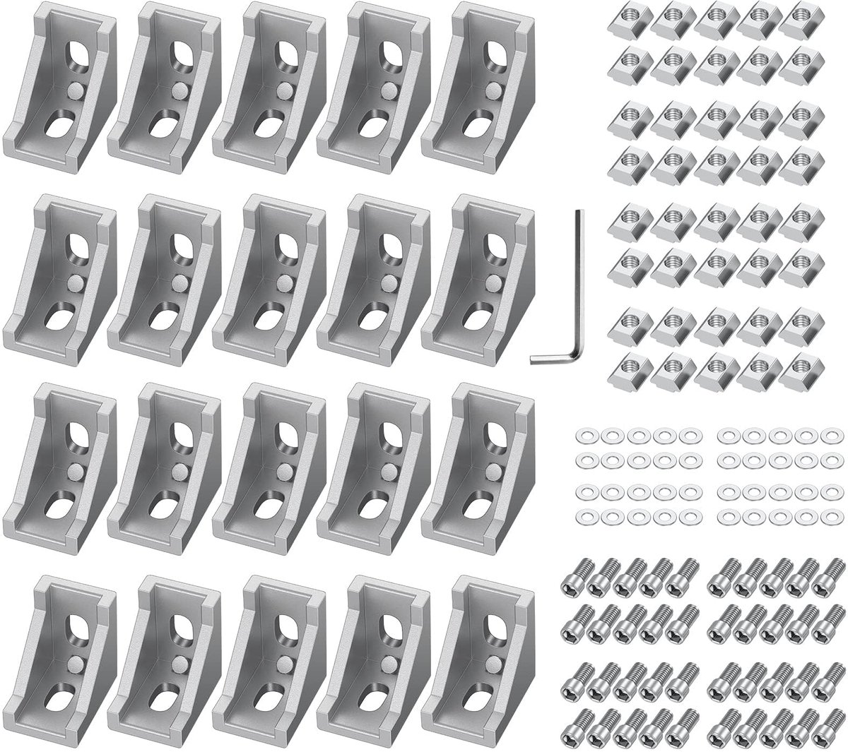 Hoekbeugels 2020 - 90° L-vormige hoekconnectoren voor 2020 extrusieprofielen, 6 mm sleuf compatibel met M6 zeskantschroeven en T-moeren, duurzame metalen