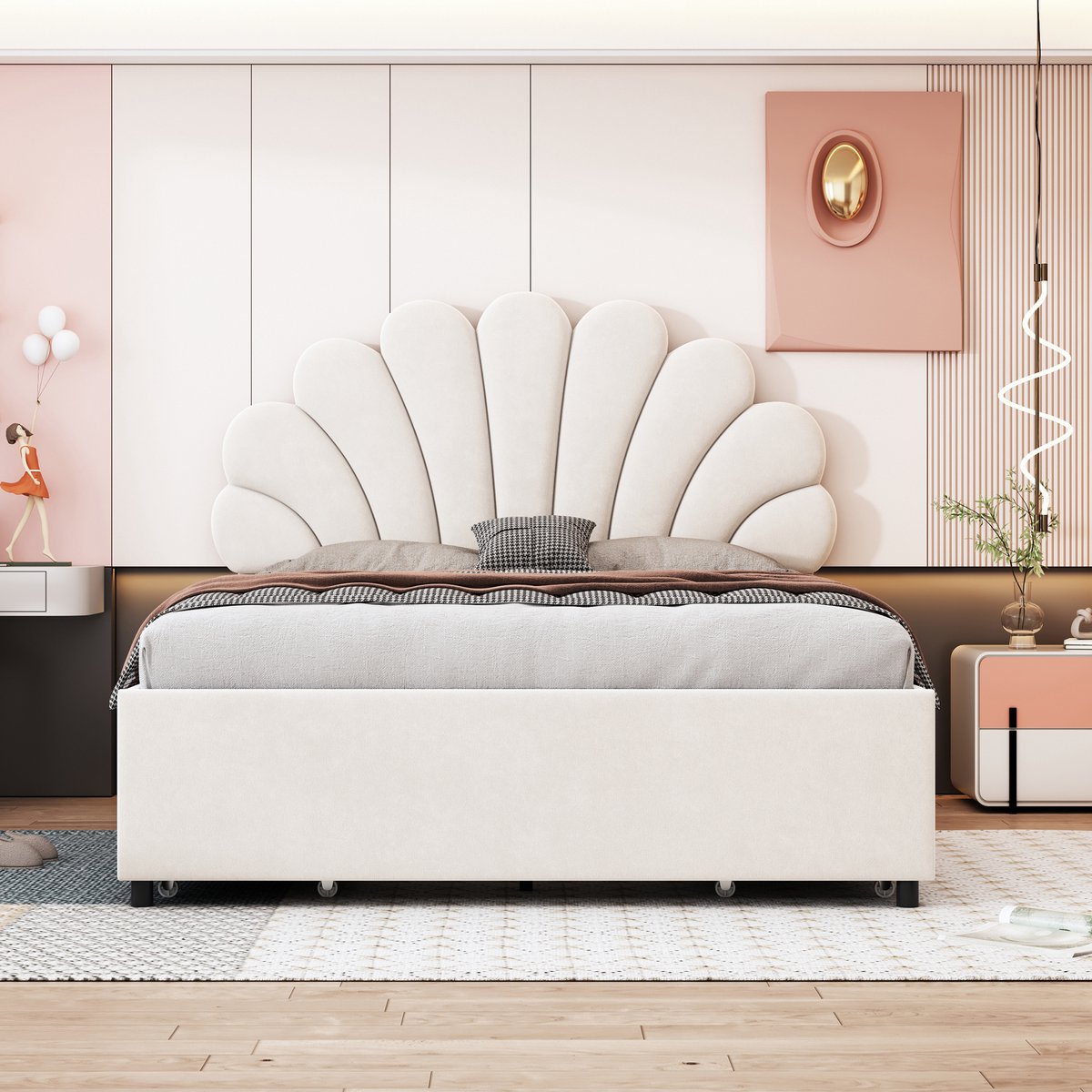 Polsterbett – 140x200cm Bedframe met Bloemvormig Hoofdbord – Lattenbodem – Opbergvakken – Jugendbed & Volwassenenbed – Huidvriendelijk Fluweel – Beige-Matras niet inbegrepen