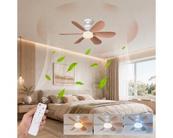 MUPOO Houtlook Plafondventilator met verlichting E27 - 3 Kleurstanden - Dimbaar & Plug & Play - Stil & Geheugenfunctie- Ventilator lamp Voor Slaapkamer & garage