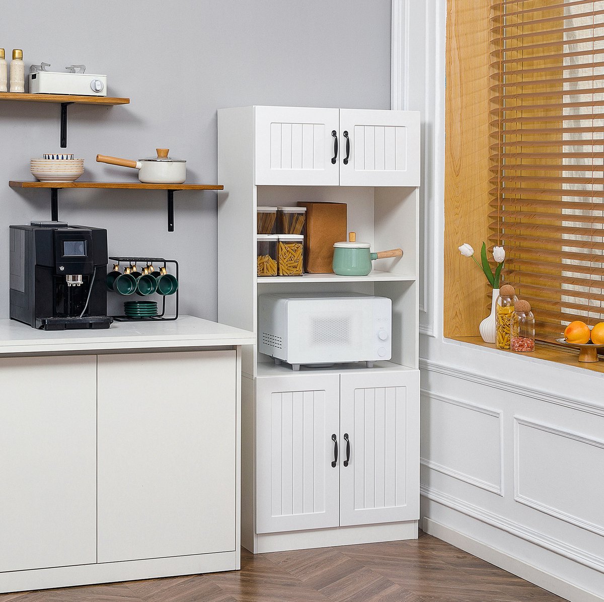Wishdor - Keukenkast - Hoog model met 4 opbergvakken - Met open microgolfzone - Strak design - Keuken, eetkamer en hal - Wit - 70 x 40 x 170 cm