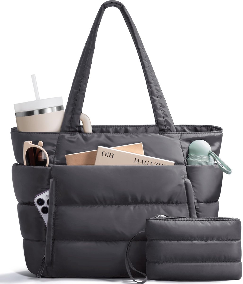 COOAU - Puffer Tote Bag voor Dames - Lichtgewicht Donzige Schouderhandtas - Met Afneembaar Klein Tasje & Handig Laptopvak - Incl. Trolley Sleeve voor Reizen - Voor Kantoor, Woon-werkverkeer & Dagelijks Gebruik - Zwart