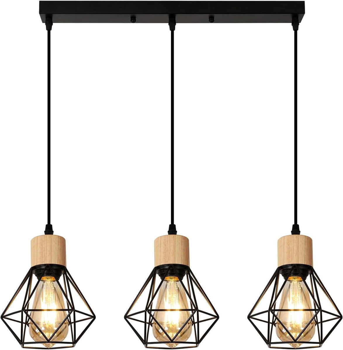 Kroonluchter driekopig zwart - ijzer met houten elementen - hoogte verstelbaar - modern design voor restaurant - ShopVlot