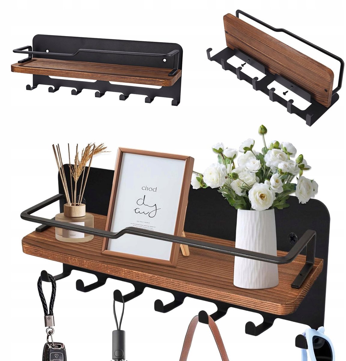 Wandrek met 7 Haken en Houten Plank - Zwart