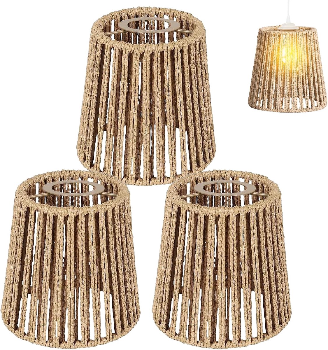 rotan lampenkap klein, 3 stuks lampenkap rotan, E27 lampenkappen, papieren lampenkap voor staande lamp, tafellamp, hanglampen, spiegellampen, hanglampenkappen, 14 x 14 cm