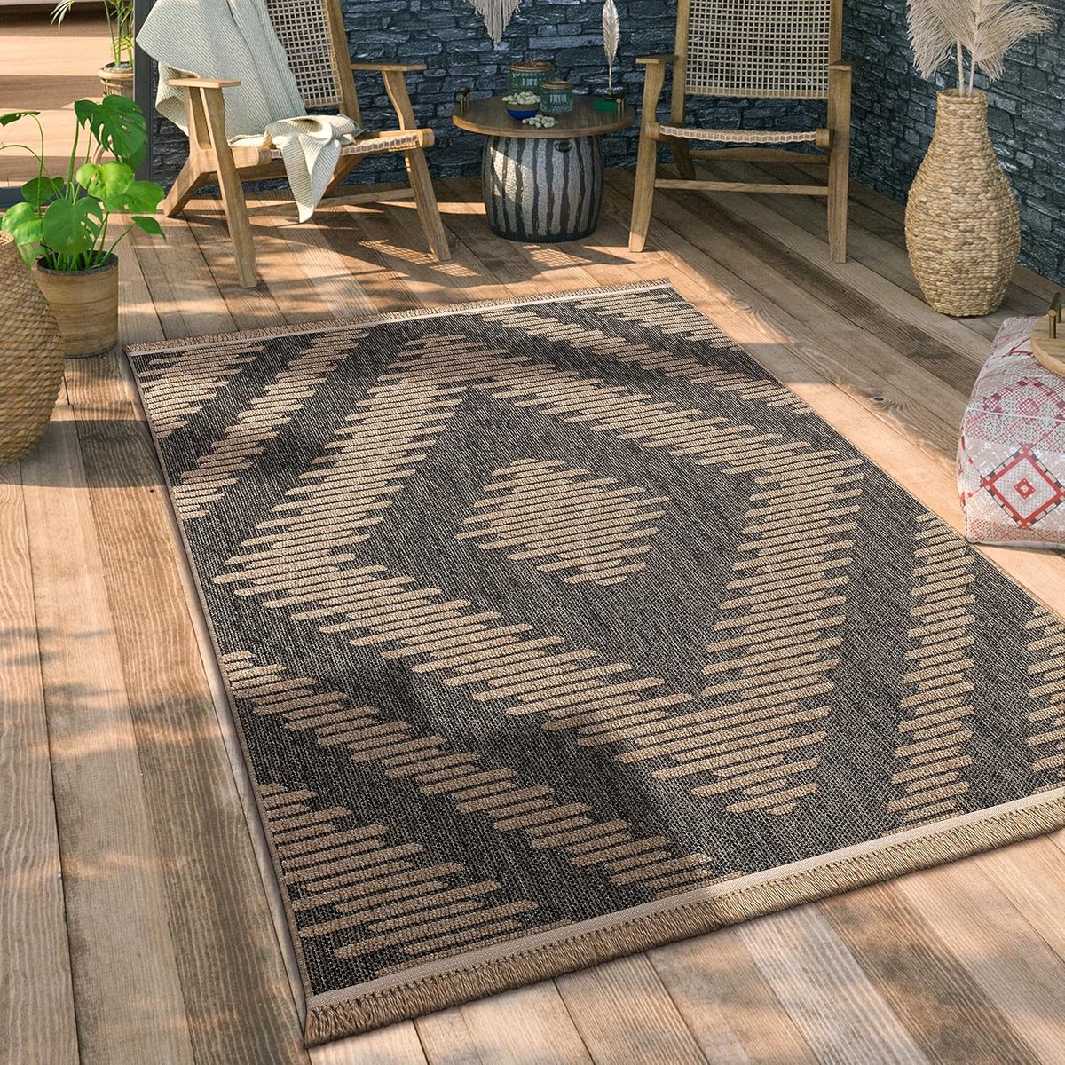 Home Buiten Vloerkleed Tapijt Voor Binnen En Buiten Balkon Terras Keuken Tapijt Boho Patroon Bloemen Geometrisch, Maat:200x280 cm, Kleur:Antraciet 2