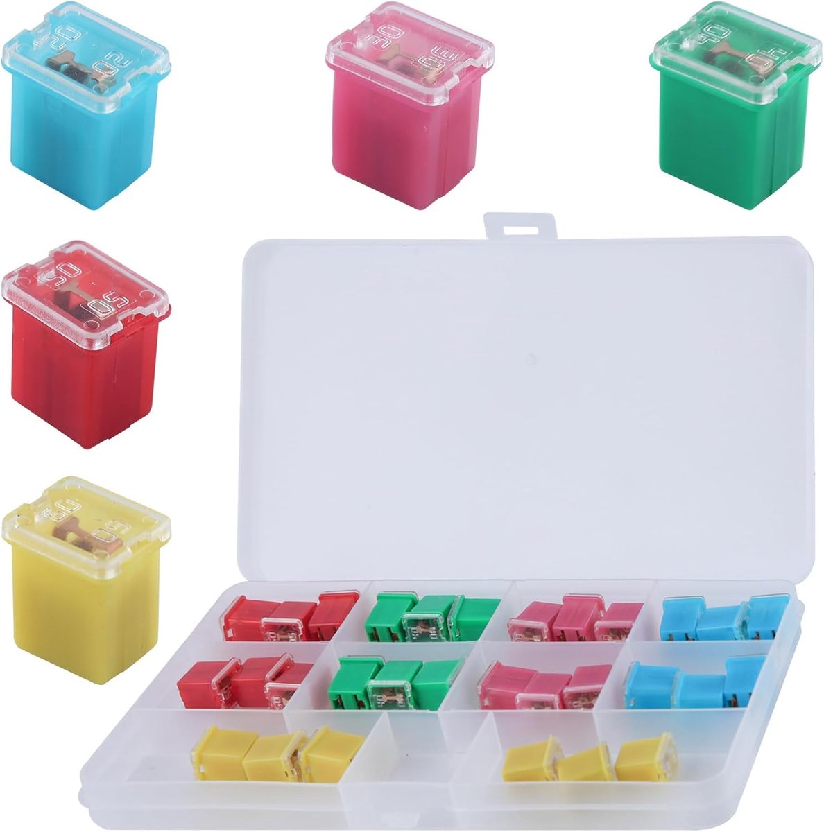 30pcs Car Fuses Assortment Kit Micro Cartridge Fuses Automotive Low Profile Box Shaped Fuse Kit (20A, 30A, 40A, 50A, 60A) for Ford Chevy/GM Nissan and Toyota Pickup Trucks Cars SUVs