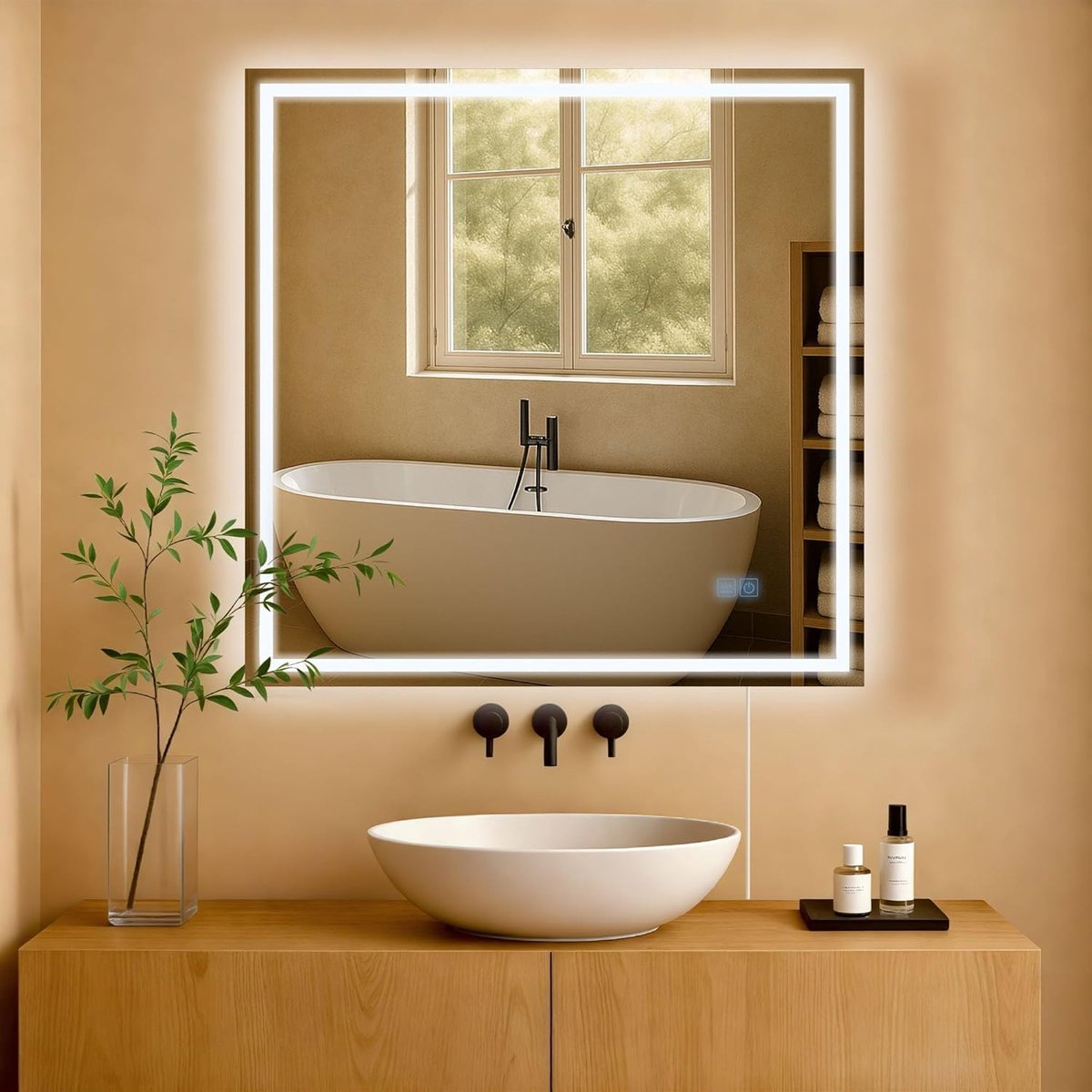 Jaffrey badkamerspiegel - met verlichting dimbaar- met verwarming - wandspiegel - horizontaal en verticaal - anti-condens -, Maat:80x80 cm