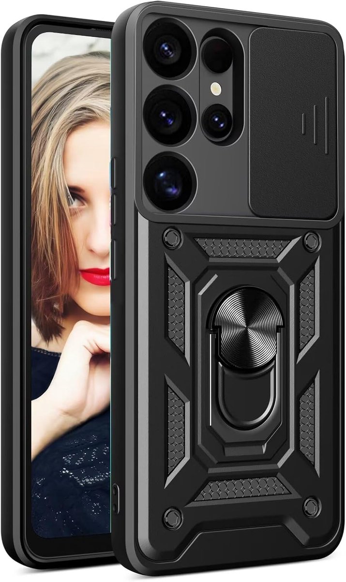 Hoesje voor Samsung Galaxy S24 Ultra 5G Case, Dubbele Laag Schokabsorptie | Cameraschuif | Draaibare Ring Standaard, Militaire Schokbestendige Telefoonhoes voor Samsung S24 Ultra 5G Zwart