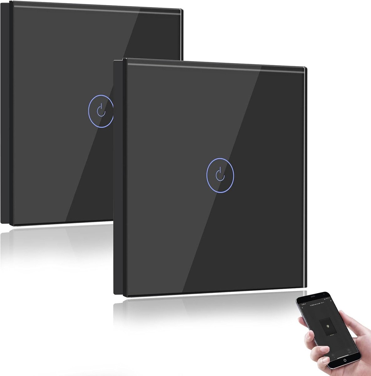 Slimme Lichtschakelaar Zwart,1 Voudig 2 Weg WiFi Touch Wandschakelaar compatibel met Amazon Alexa en Google Home,APP-afstandsbediening,Timerfunctie(vereist neutrale Draad)-2pak