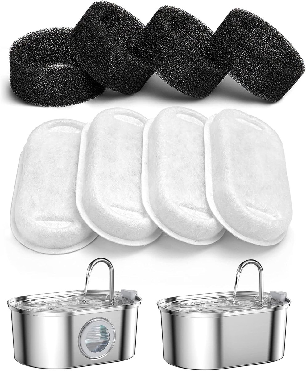8 filters voor kattenfontein, 4x filter + 4x schuimstoffilter, drievoudige filtering, voldoet aan 2-4 maand vervangingsbehoefte