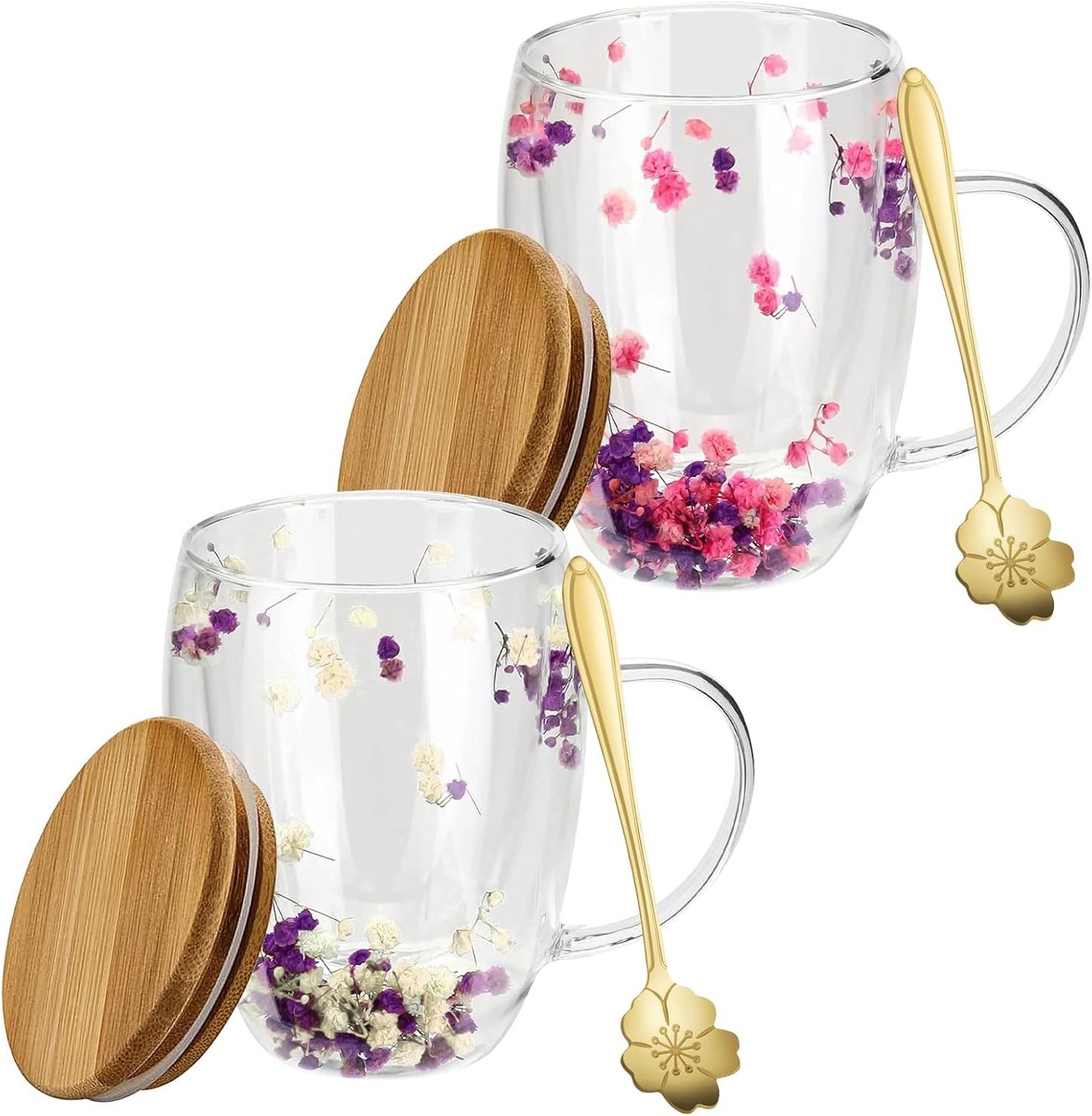 2 stuks dubbelwandige koffiekopjes met droogbloem, 350 ml dubbelwandige glazen met handvat, dubbellaagse glazen bekers, gedroogde bloem, koffiekopjes, macchiato-glazen met droogbloemen voor thee