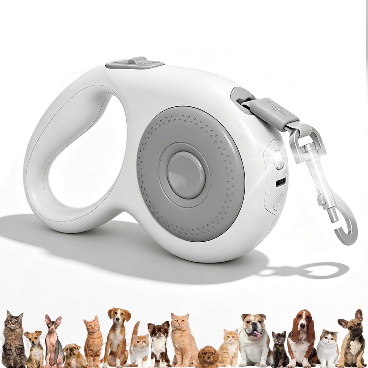 hondenriem: 5 m uittrekbare hondenriem met LED-licht, 180° klitvrij intrekbare hondenrollijn geschikt voor katten en kleine, middelgrote en grote hondenrassen (wit)