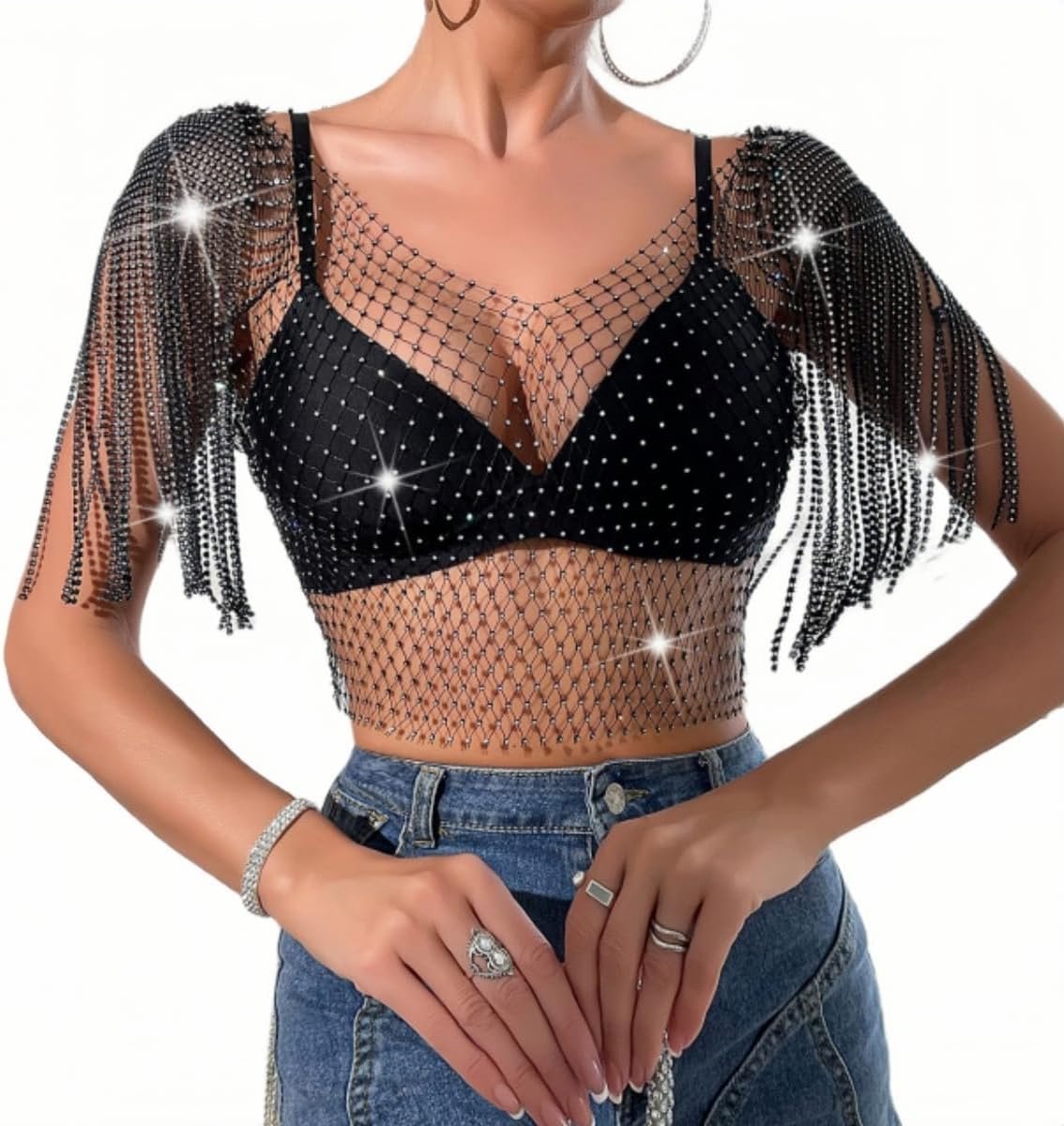 Tanktops met diamanten voor dames, zwart sexy mesh nappel wasel hollow out crop tops, zie door het glinsterende vest van strass voor de festival club rave outfit clubkleding