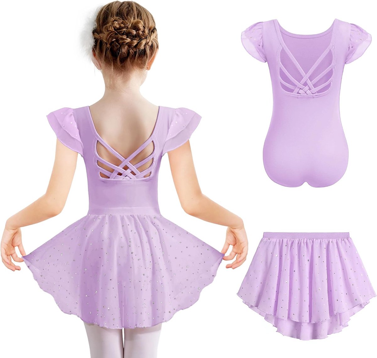 Balletkleding voor meisjes, 2-11 jaar, korte mouwen, katoen, rugloos, balletpakje voor kinderen, glitter, dansjurk, tweedelige outfit, peuter, danslichaam met chiffonrok, tutu